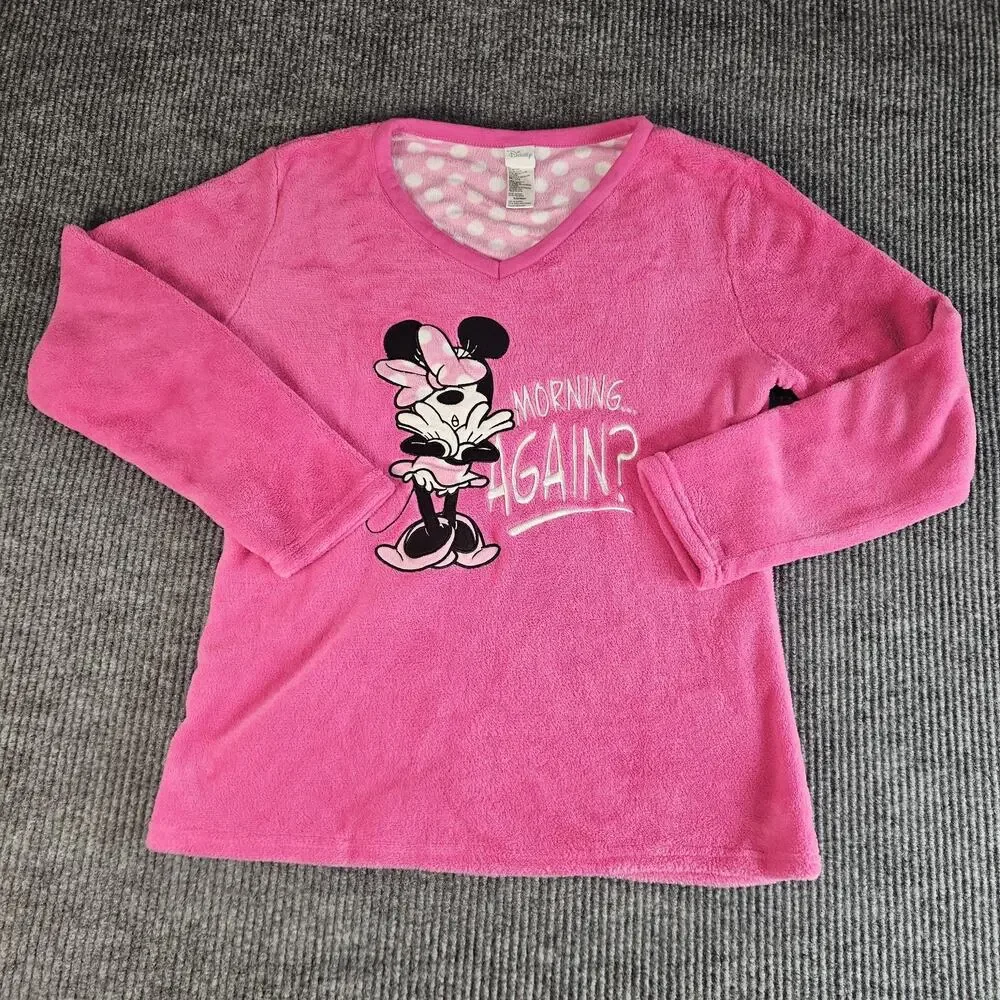 Disney Minnie Mouse Shirt Girls LARGE Pink Fleece Sleepwear Long Sleeve Graphic